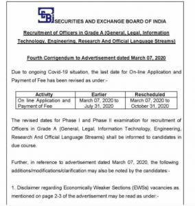 SEBI Grade A Recruitment 2020 : ऑनलाइन आवेदन अंतिम तिथि 31 अक्टूबर 2020 तक बढ़ा दी गई | Latest Hindi Banking jobs_3.1