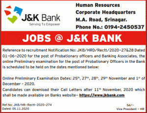J&K Bank PO Exam Date 2020 out: प्रारंभिक परीक्षा नवंबर-दिसंबर में आयोजित की जाएगी | Latest Hindi Banking jobs_3.1