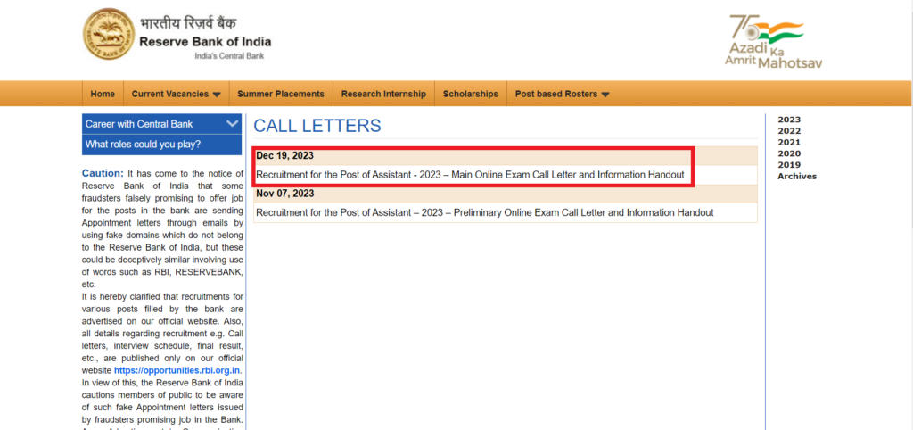 RBI Assistant Mains Admit Card 2023 Out, Phase 2 Call Letter