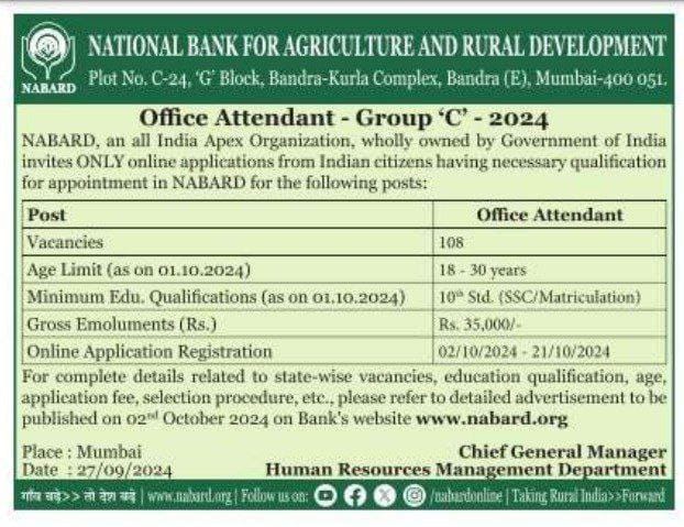 NABARD Office Attendant Recruitment 2024