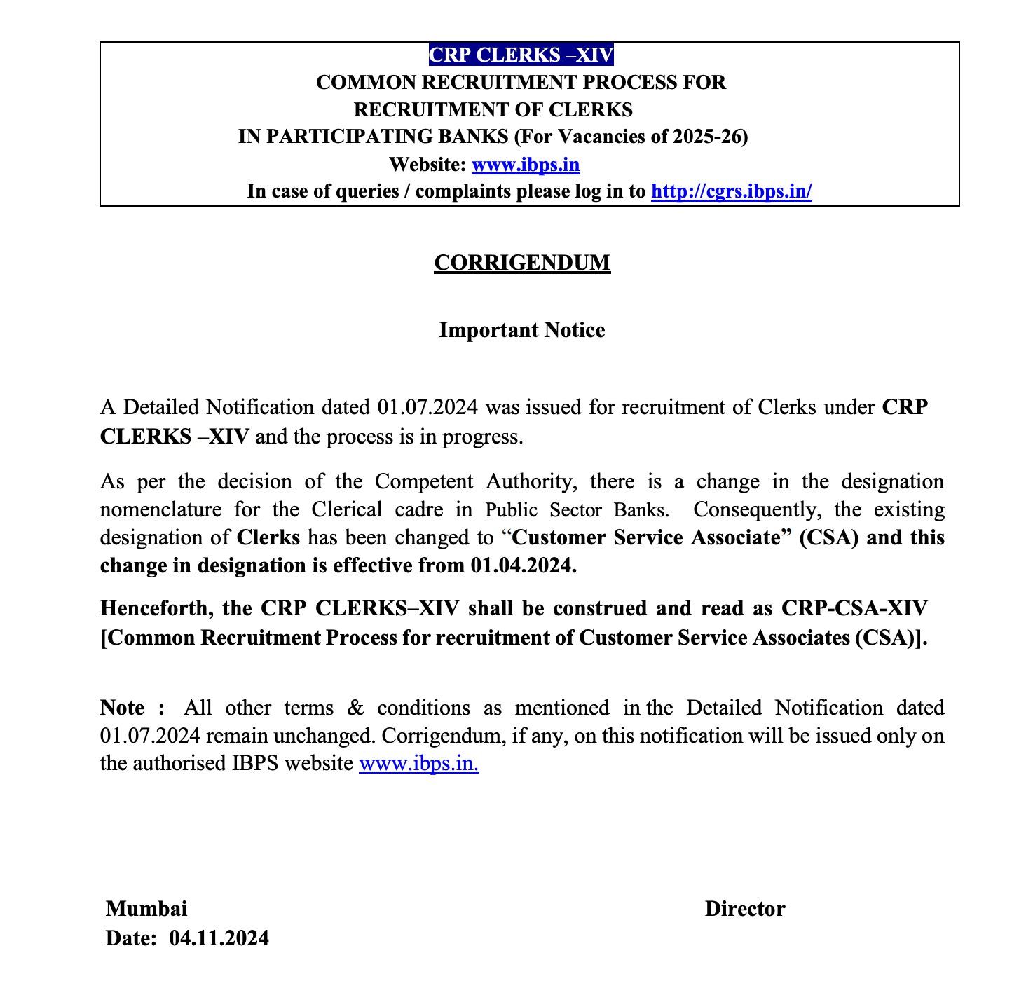 IBPS Clerk Designation Changed from Clerk to Customer Service Associate (CSA)_3.1