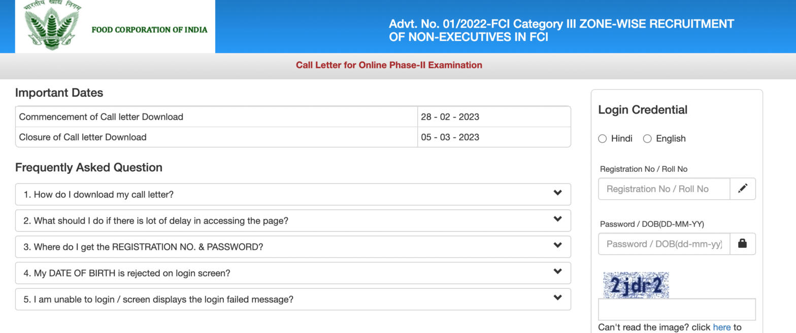 FCI Assistant Grade 3 Mains Admit Card 2023 Out, Download Link