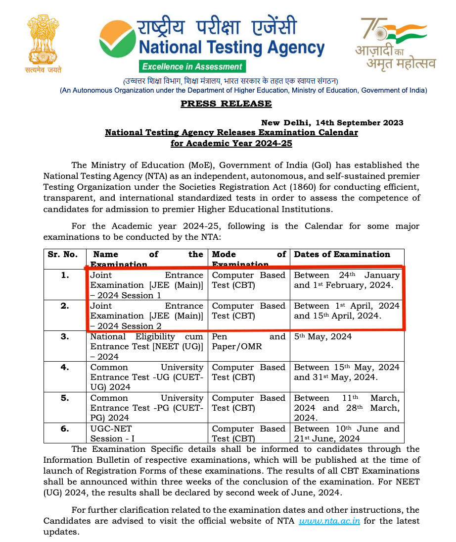 JEE Main Exam Date 2024 Out For Session 1 And 2 Admit Card   Jee Main Exam Date 2024 2 