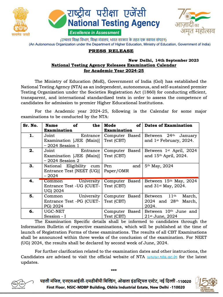 NEET Exam Date 2024 Out, Check NEET UG Exam Schedule and Shift Timing