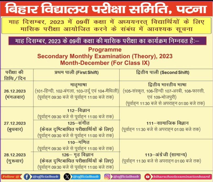 9th class final exam date sheet 2024 bihar board