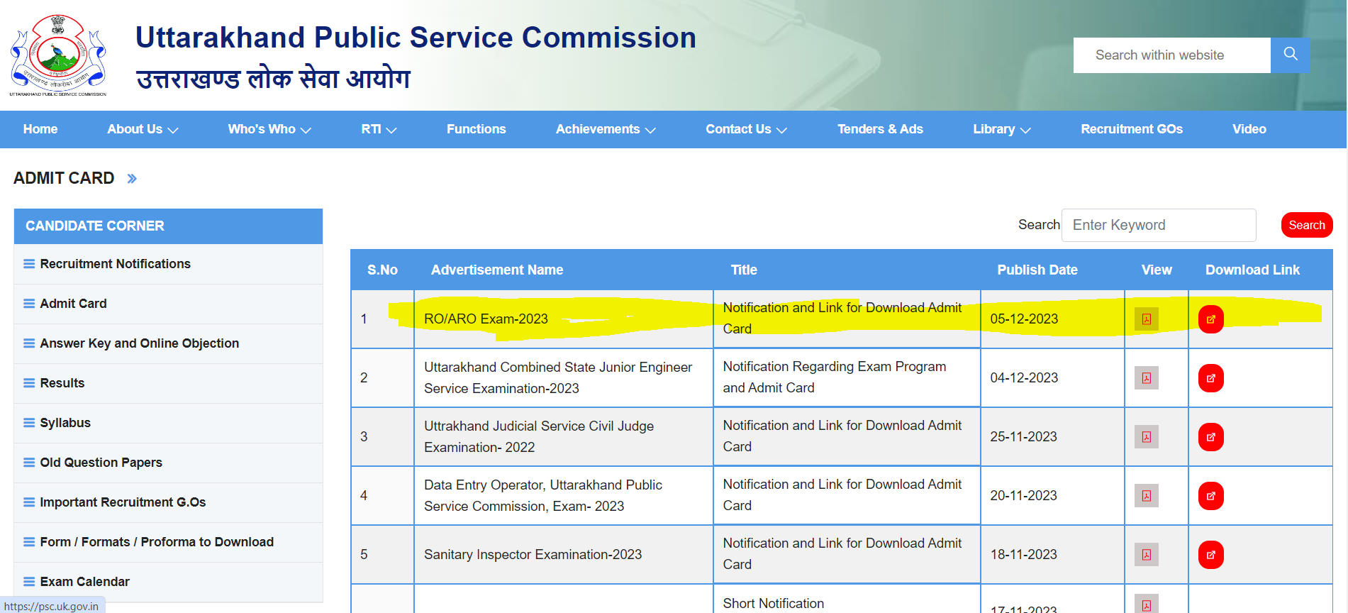 UKPSC RO ARO Admit Card 2023 Out, Direct Link @ukpsc.gov.in