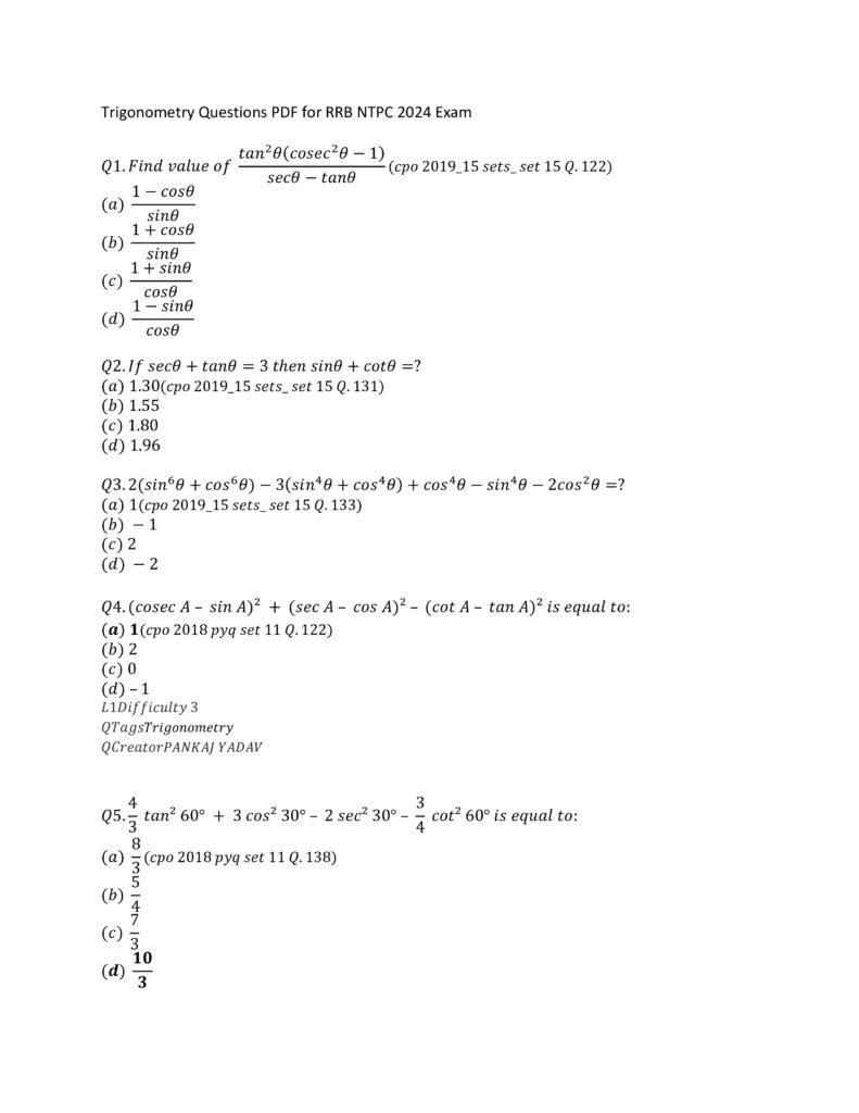 Trigonometry Questions for RRB NTPC 2024 Exam_3.1